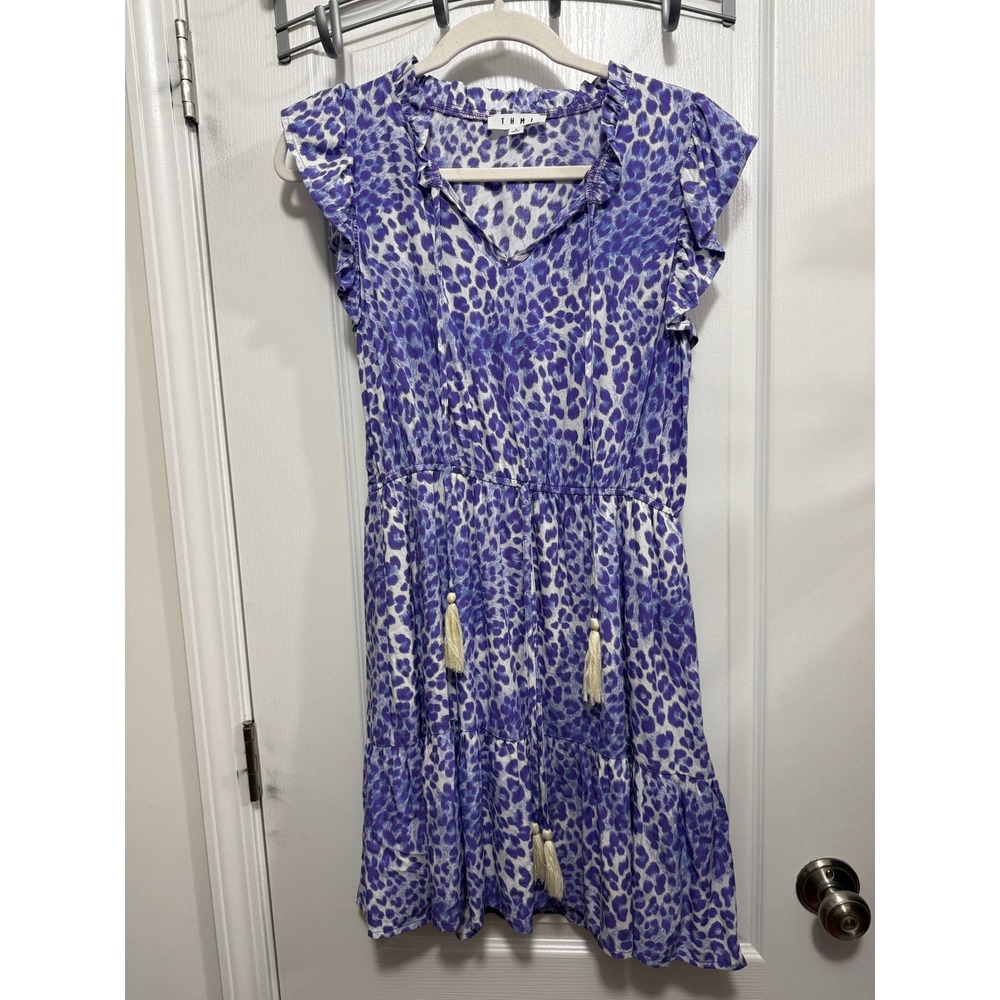 THML Purple Leopard Print Tiered Mini Dress Womens S Flutter Sleeve Tassels Boho